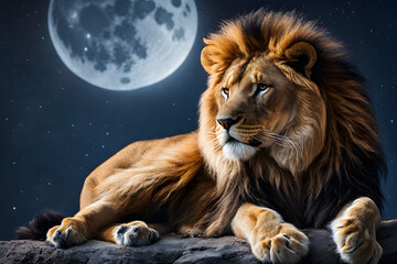 The African king with a background of moon and clouds. Moonlight lion.