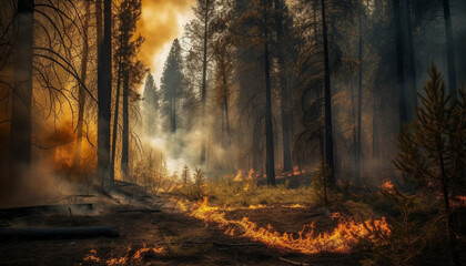 Burning forest fire creates a spooky inferno in the wilderness generated by AI