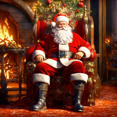 Santa Claus in armour sits near the fireplace in a beautiful interior in the spirit of Christmas