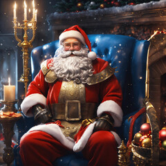 Santa Claus in armour sits near the fireplace in a beautiful interior in the spirit of Christmas