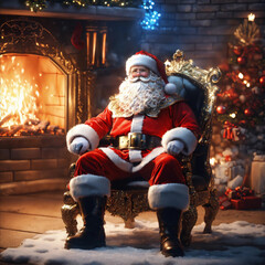 Santa Claus in armour sits near the fireplace in a beautiful interior in the spirit of Christmas