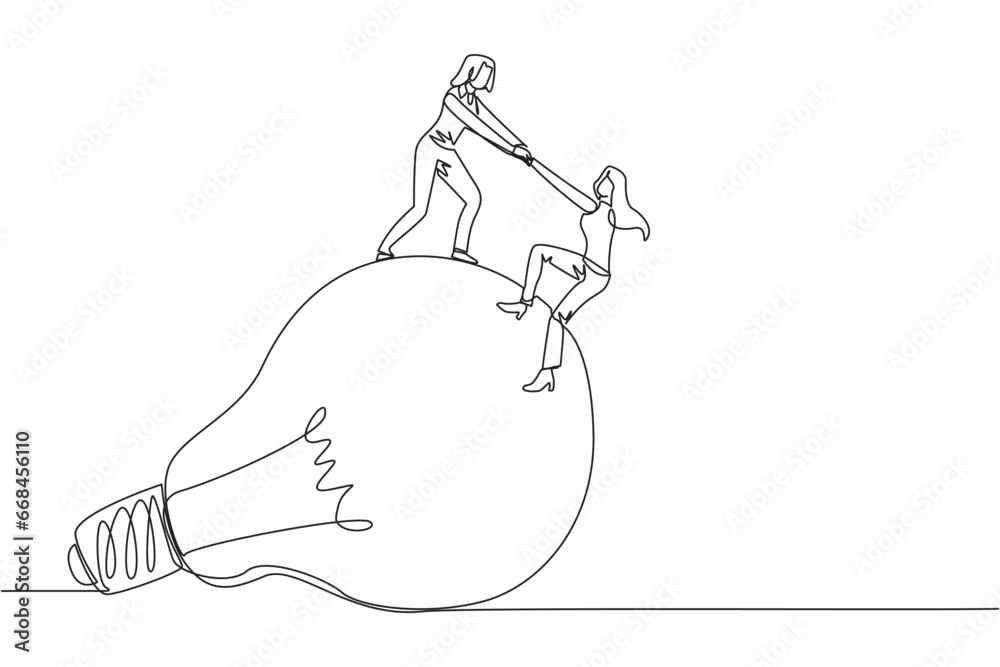 Wall mural Single continuous line drawing businesswoman helps colleague climb the big lightbulb. Metaphors related to ideas. Brainstorm to achieve the best brilliant ideas. One line design vector illustration