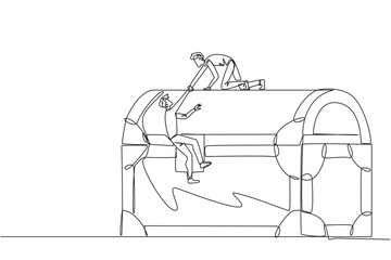 Continuous one line drawing businessman helps colleague climb a large treasure chest. Get extraordinary profits. Share equally. Stronger together. Reward. Single line draw design vector illustration