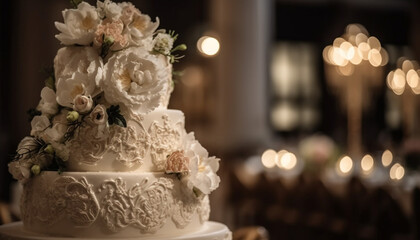 Luxury wedding celebration with elegant decoration, gourmet food, and chocolate cake generated by AI