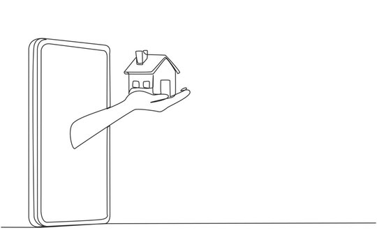 Single continuous line drawing hands come out from middle of smartphone holding a miniature house. Getting best asset in the form of a house from business result. One line design vector illustration