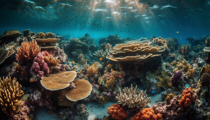 Colorful sea life thrives in the idyllic underwater reef landscape generated by AI