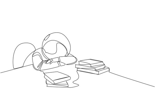 Single continuous line drawing astronaut asleep at table where there were piles of books. Tired after successfully finish favorite reading book. Love reading. One line design vector illustration
