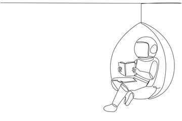Continuous one line drawing astronaut sitting relax in hanging chair reading book. Spending weekend reading the favorite fiction story book. Love reading. Single line draw design vector illustration