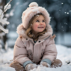 A highly detailed, full - body photograph of an adorable 4 - year - old girl playing in the snow,...