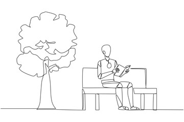 Continuous one line drawing robot sitting on park bench reading book. Learn by re-reading textbook. Read to get maximum marks. Reading increase insight. Single line draw design vector illustration