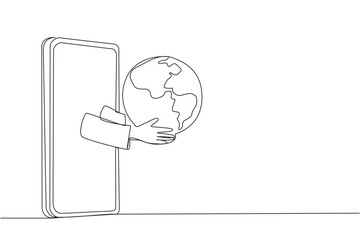 Single continuous line drawing the hand comes out from the middle of the smartphone holding the globe. Map the area to finds shipping prices. Online stuff shopping. One line design vector illustration