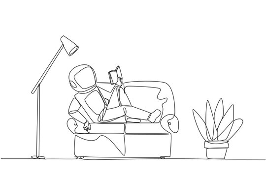 Single continuous line drawing astronaut sitting stretched out on sofa reading book. Really like content of the book reading on each page. Impressive. Love read. One line design vector illustration