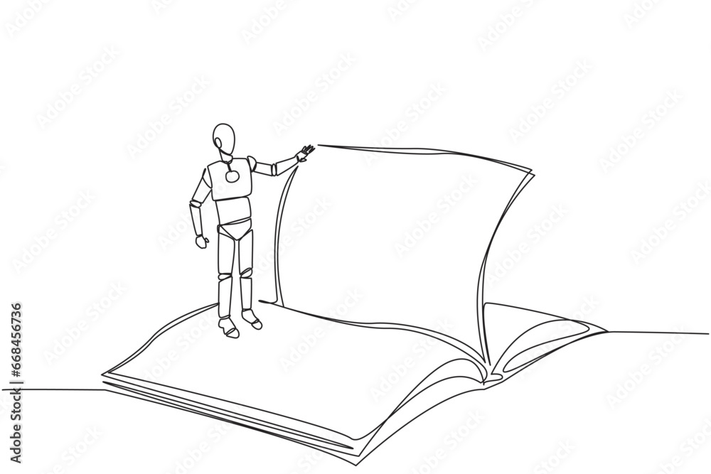 Poster single one line drawing smart robotic standing over open ledger turning page. read slowly to underst