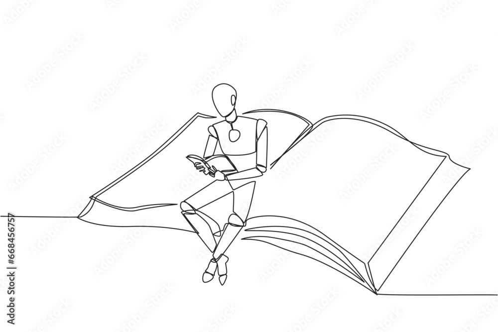Poster single continuous line drawing smart robot sitting reading on large flying book. relax reading like 