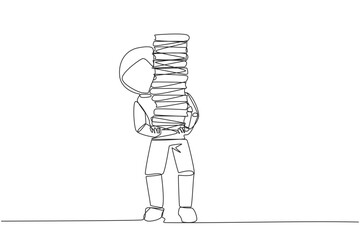 Single continuous line drawing astronaut carrying tall stack of books covering itself. Newly purchase book from bookstore. Read books one by one at home. Reading. One line design vector illustration