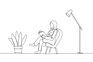 Single one line drawing Arabian woman sitting reading in room with the reading lamp. Spending holidays increasing knowledge by reading books. Love reading. Continuous line design graphic illustration