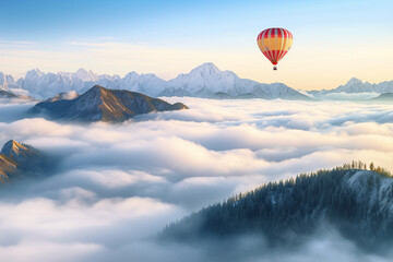 Embark on a mountain vista adventure with a hot air balloon, soaring above the clouds and taking in the breathtaking scenery  Created with generative AI tools.