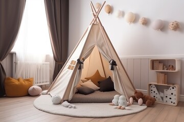 Kid play room creatve fun and playful space cozy children bedroom with tent toy and doll with sun light from window dramatic light interior background