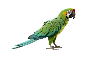 Obraz premium side view full body of green macaw bird standing isolated on a transparent background. Generative AI