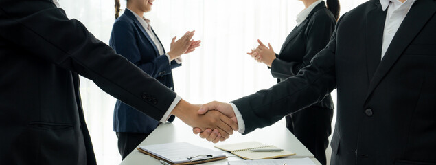 Two business executive shake hand in boardroom, sealing agreement merging two company. Handshake...