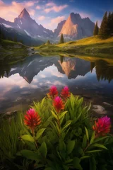 Foto op Canvas Rugged Mountain sits behind beautiful flowers © Jimerb