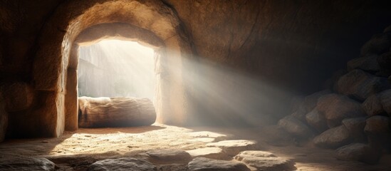 Jesus tomb stone rolled away light inside - obrazy, fototapety, plakaty