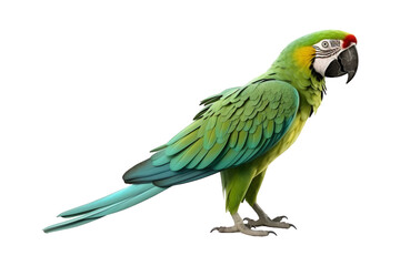 Fototapeta premium side view full body of green macaw bird standing isolated on a transparent background. Generative AI