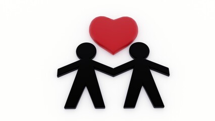 Two couples with red heart shapes on a white background, rendered in 3D