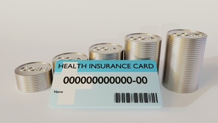 A 3D rendering of a health insurance card and a pile of coins on a white background.