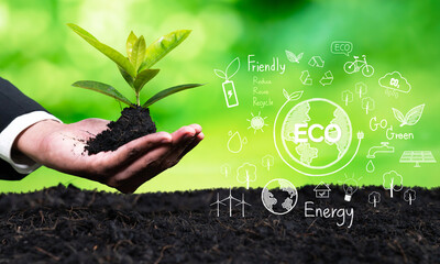 Businessman nurturing plant with eco design icon symbolize commitment to environmental business,...