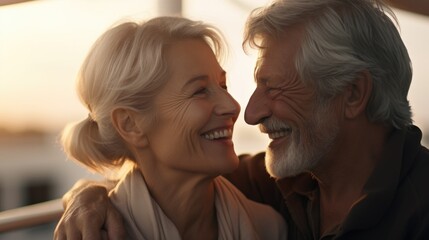A serene moment between seniors, the sun casting a gentle light on love that has stood the test of time, on a cruise ship, Generative AI