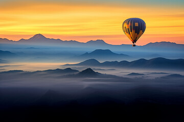 Embark on a mountain vista adventure with a hot air balloon, soaring above the clouds and taking in the breathtaking scenery Created with generative AI tools.