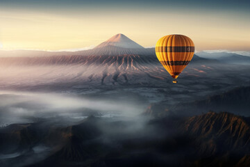 Embark on a mountain vista adventure with a hot air balloon, soaring above the clouds and taking in the breathtaking scenery Created with generative AI tools.