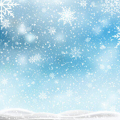 Christmas, Snowy background with falling snow, snowflakes, snowdrift for winter and new year holidays. Vector