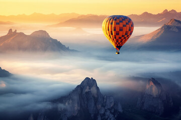 Embark on a mountain vista adventure with a hot air balloon, soaring above the clouds and taking in the breathtaking scenery Created with generative AI tools.