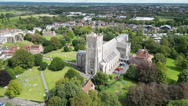 Panning drone,aerial  Christchurch Priory Dorset UK