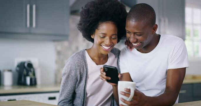 Home, contact and black couple with cellphone, love and connection with social media, internet and post. People, African man and woman with smartphone, online reading and website info with typing
