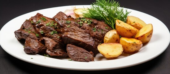 Plate with fried liver and boiled potatoes