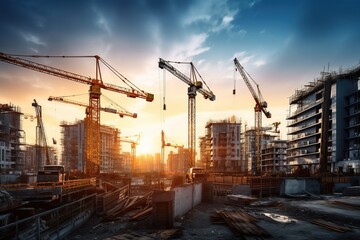 Construction site and sunset. View of a large construction site with buildings under construction. Crane and construction site building against blue sky. Generative AI