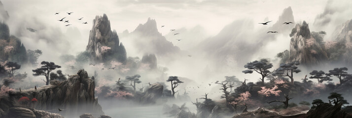 A picturesque scene capturing the beauty of mountains against a serene sky backdrop with graceful birds in flight.