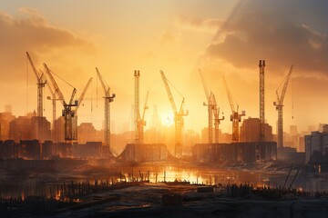 Obraz premium Construction site and sunset. View of a large construction site with buildings under construction. Crane and construction site building against blue sky. Generative AI