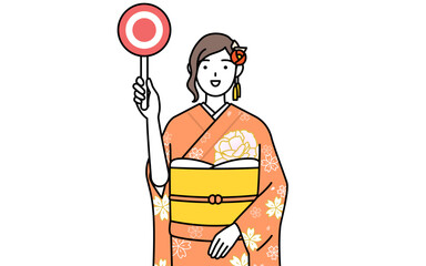 Hatsumode at New Year's and coming-of-age ceremonies, graduation ceremonies, weddings, etc, Woman in furisode holding a maru placard that shows the correct answer.