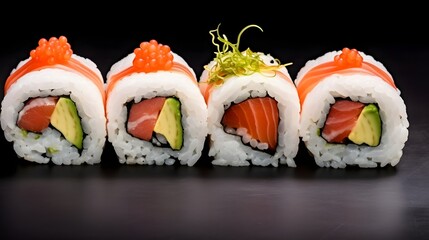 Four maki rolls in a row with salmon, avocado, tuna and cucumber isolated on white background. Fresh hosomaki pieces with rice and nori. Closeup of delicious japanese food with sushi roll.