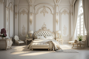 Luxurious bedroom with bed and bedside tables and dressing table. french bedroom in modern and antique luxury style - obrazy, fototapety, plakaty
