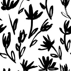 Dry Brush Flower Seamless Pattern. Hand Drawn Artwork Background.