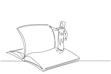Continuous one line drawing Arab woman standing over open ledger turning page. Read slowly to understand contents of each page. Reading increases insight. Single line draw design vector illustration