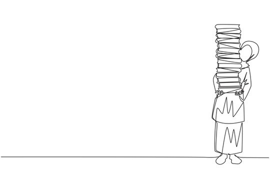 Single continuous line drawing Arab woman carrying tall stack of books covering herself. Newly purchase book from bookstore. Read books one by one at home. Reading. One line design vector illustration