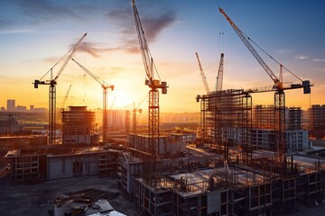 Construction site and sunset. View of a large construction site with buildings under construction. Crane and construction site building against blue sky. Generative AI - obrazy, fototapety, plakaty