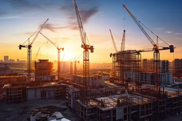 Poster Construction site and sunset. View of a large construction site with buildings under construction. Crane and construction site building against blue sky. Generative AI © Vilaysack