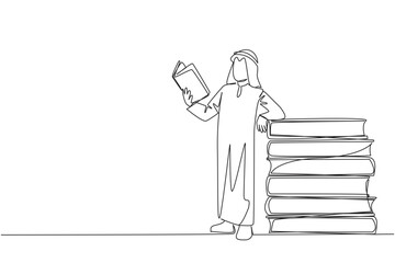 Single one line drawing Arabian man standing reading a book while leaning against a pile of large books. Hobby of reading anywhere. Very happy when reading. Continuous line design graphic illustration